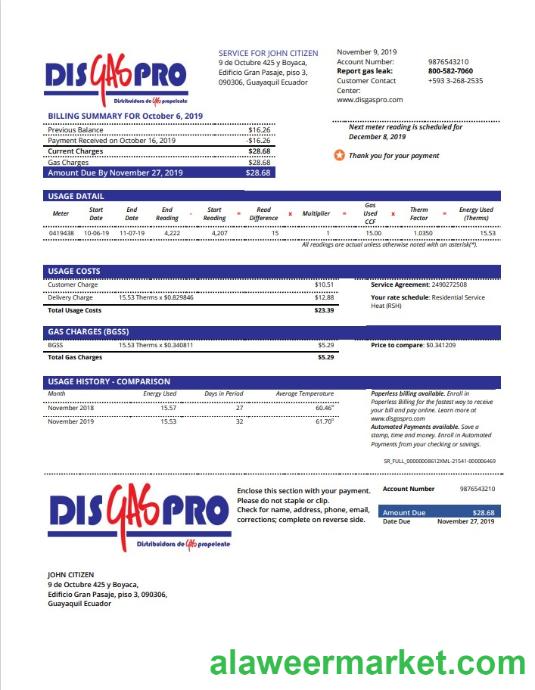 Ecuador Disgaspro gas utility bill template in Word and PDF format